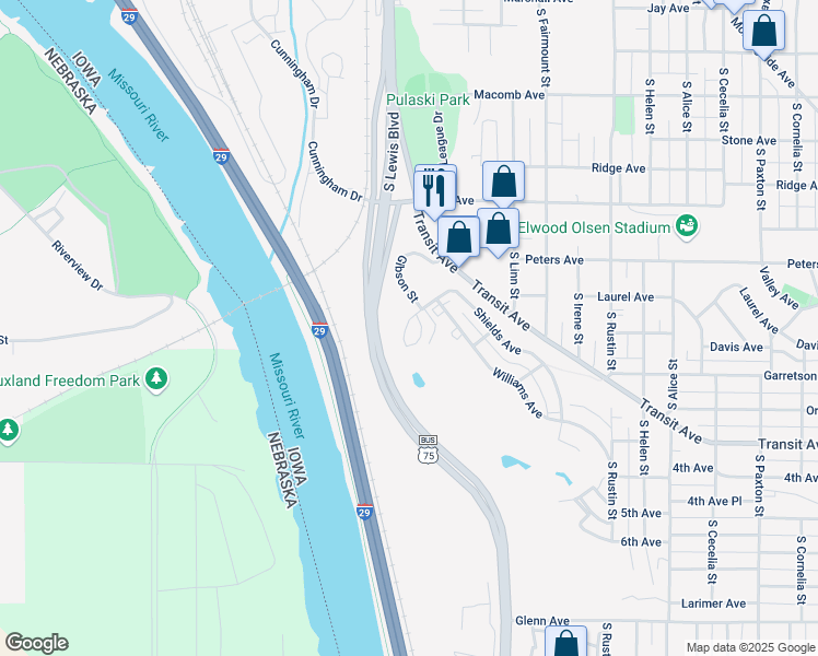 map of restaurants, bars, coffee shops, grocery stores, and more near 2201 Gibson Street in Sioux City