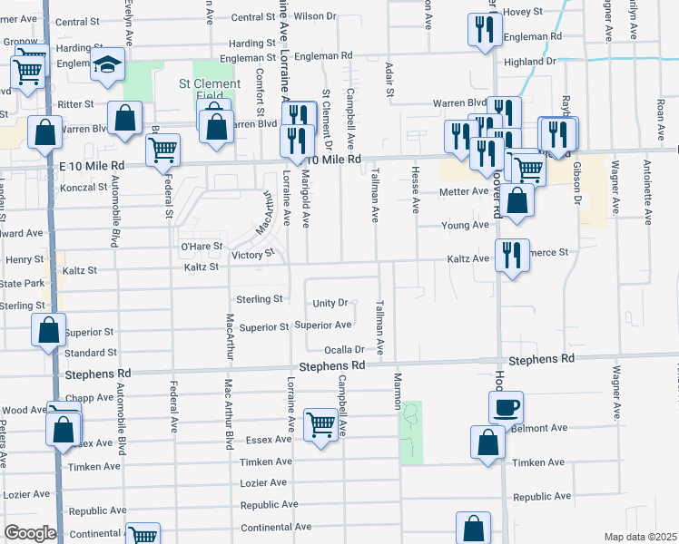 map of restaurants, bars, coffee shops, grocery stores, and more near 11187 Edgemont Avenue in Warren