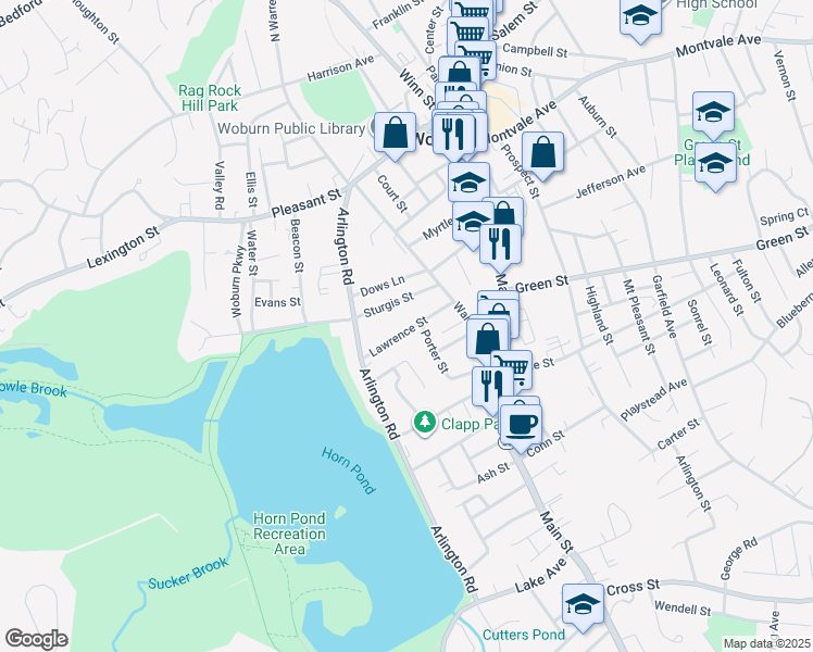 map of restaurants, bars, coffee shops, grocery stores, and more near 15 Lawrence Street in Woburn