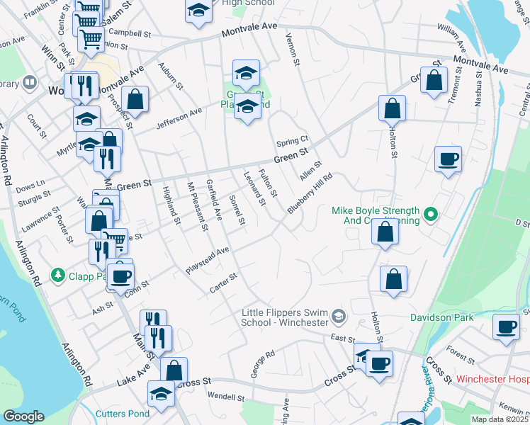 map of restaurants, bars, coffee shops, grocery stores, and more near 43 Leonard Street in Woburn