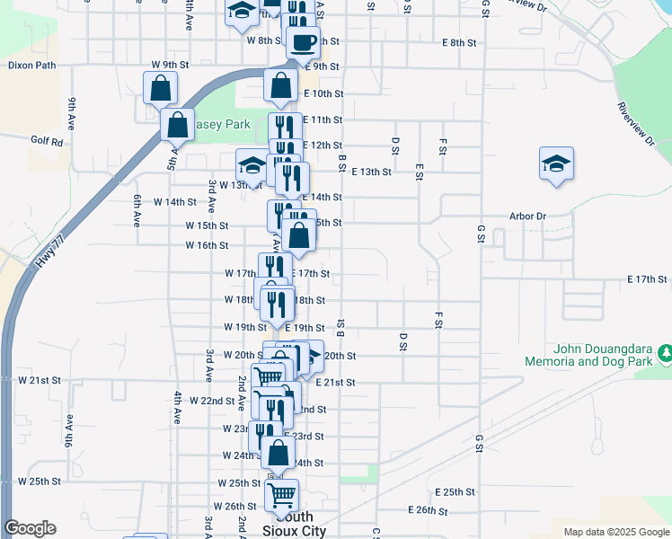 map of restaurants, bars, coffee shops, grocery stores, and more near 1619 B Street in South Sioux City