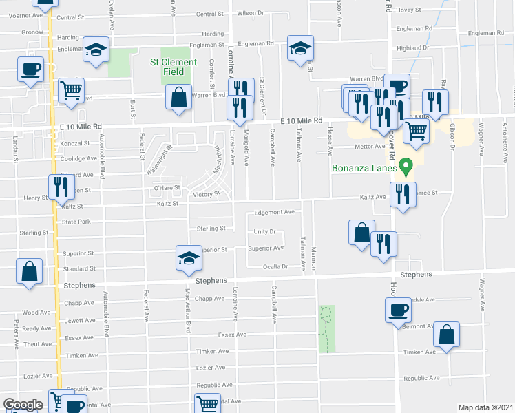map of restaurants, bars, coffee shops, grocery stores, and more near 11127 Edgemont Avenue in Warren