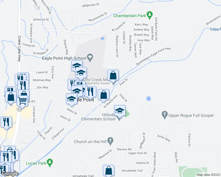 map of restaurants, bars, coffee shops, grocery stores, and more near 336 North Royal Avenue in Eagle Point