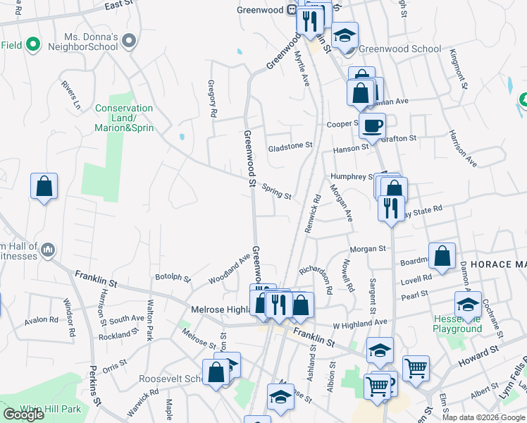 map of restaurants, bars, coffee shops, grocery stores, and more near 16 Linden Street in Wakefield