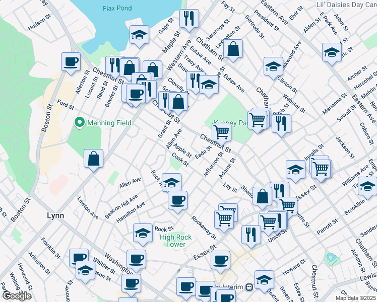 map of restaurants, bars, coffee shops, grocery stores, and more near 17 Apple Street in Lynn