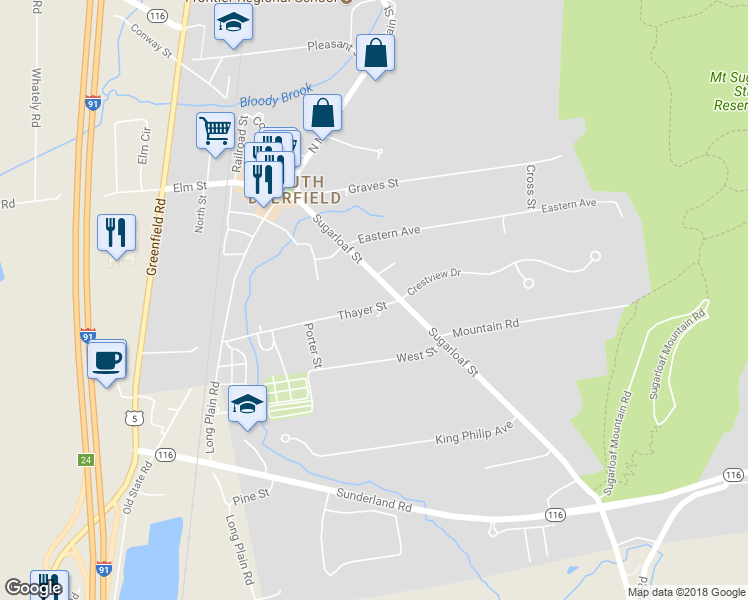 map of restaurants, bars, coffee shops, grocery stores, and more near 6 Thayer Street in Deerfield