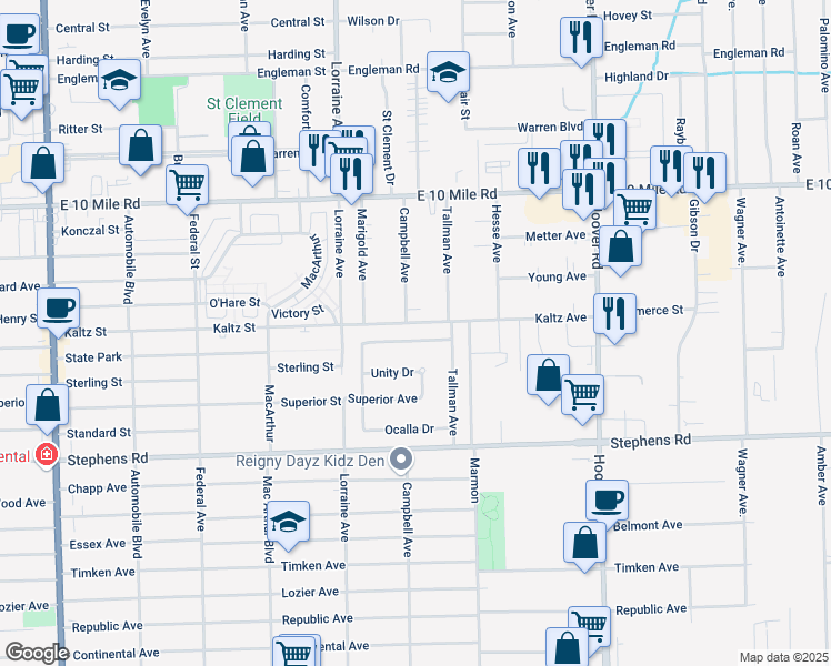map of restaurants, bars, coffee shops, grocery stores, and more near 11215 Edgemont Avenue in Warren