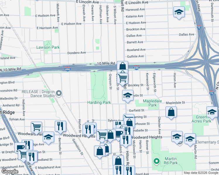 map of restaurants, bars, coffee shops, grocery stores, and more near 3243 Grayson Street in Ferndale
