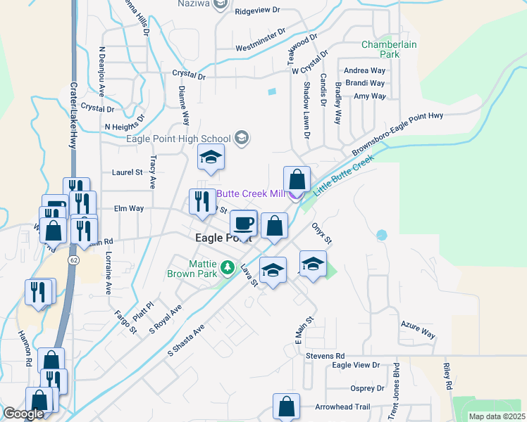map of restaurants, bars, coffee shops, grocery stores, and more near 113 Odell St in Eagle Point