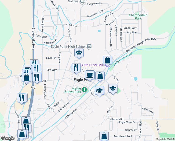 map of restaurants, bars, coffee shops, grocery stores, and more near 162 Paxon Avenue in Eagle Point