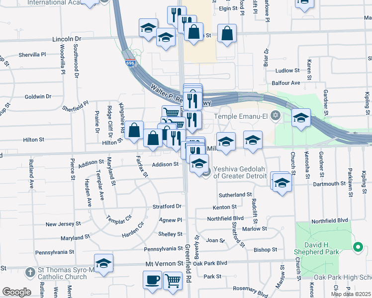 map of restaurants, bars, coffee shops, grocery stores, and more near Greenfield Rd & W 10 Mile Rd in Oak Park