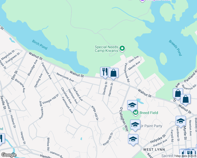 map of restaurants, bars, coffee shops, grocery stores, and more near 590 Walnut Street in Lynn