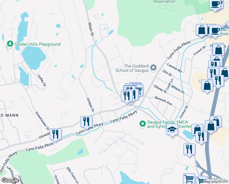 map of restaurants, bars, coffee shops, grocery stores, and more near 366 Main Street in Saugus