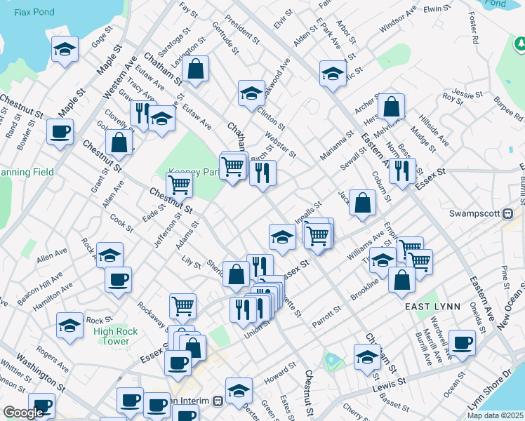 map of restaurants, bars, coffee shops, grocery stores, and more near 47 Marianna Street in Lynn