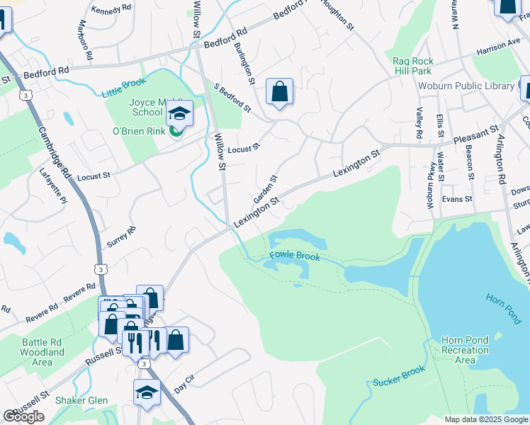 map of restaurants, bars, coffee shops, grocery stores, and more near 92 Lexington Street in Woburn