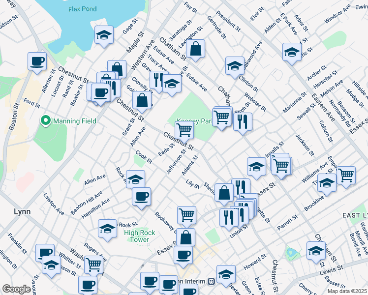 map of restaurants, bars, coffee shops, grocery stores, and more near 346 Chestnut Street in Lynn