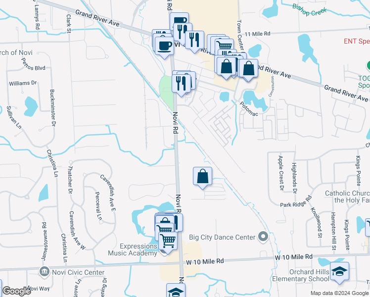 map of restaurants, bars, coffee shops, grocery stores, and more near 25180 Novi Road in Novi