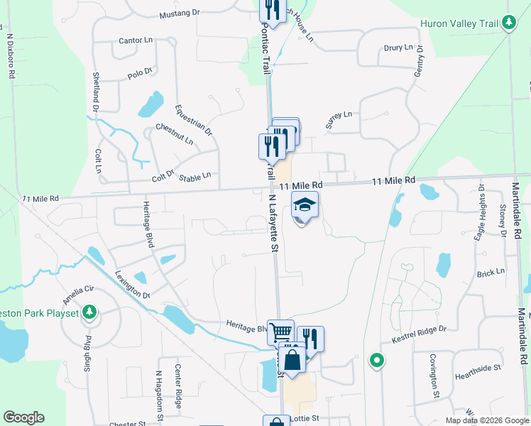 map of restaurants, bars, coffee shops, grocery stores, and more near 61173 Greenwood Drive in South Lyon