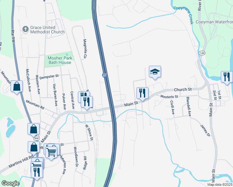 map of restaurants, bars, coffee shops, grocery stores, and more near 15 Willis Avenue in Ravena