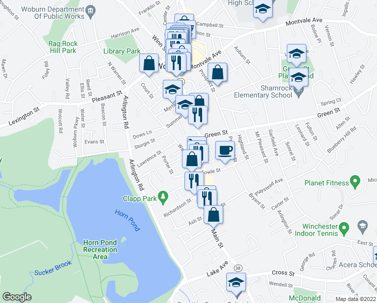 map of restaurants, bars, coffee shops, grocery stores, and more near 64 Warren Avenue in Woburn