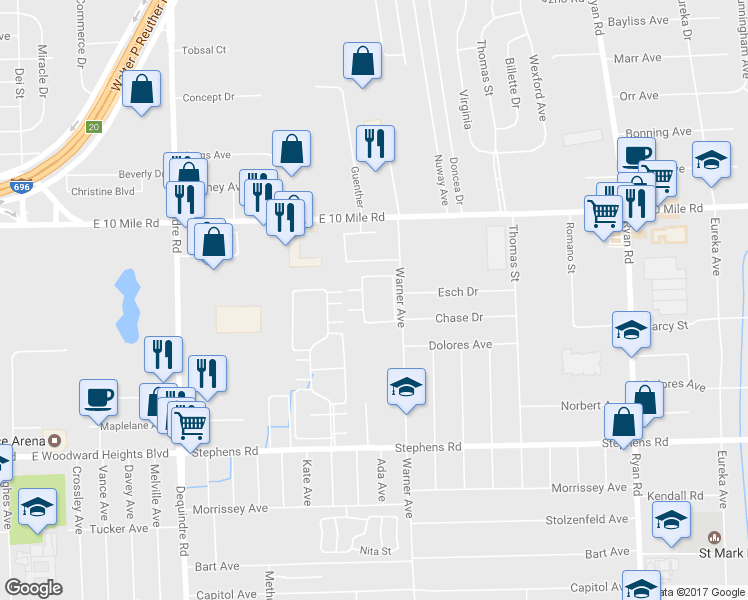 map of restaurants, bars, coffee shops, grocery stores, and more near 24661 West Seaton Circuit Street in Warren