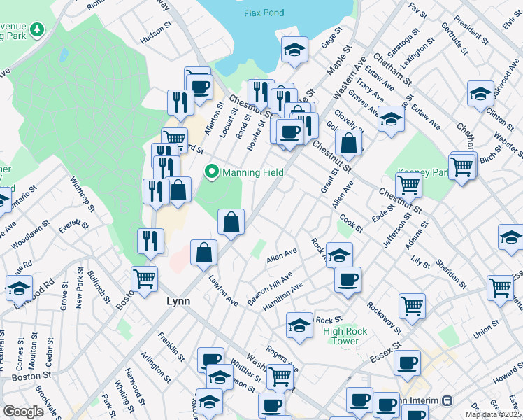 map of restaurants, bars, coffee shops, grocery stores, and more near in Lynn