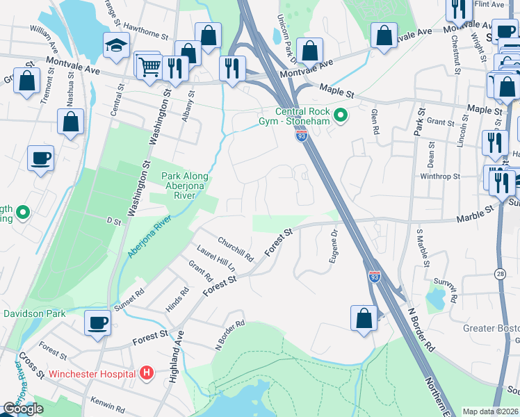 map of restaurants, bars, coffee shops, grocery stores, and more near 15 Sunset Road in Winchester