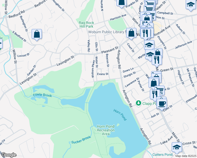 map of restaurants, bars, coffee shops, grocery stores, and more near 30 Water Street in Woburn