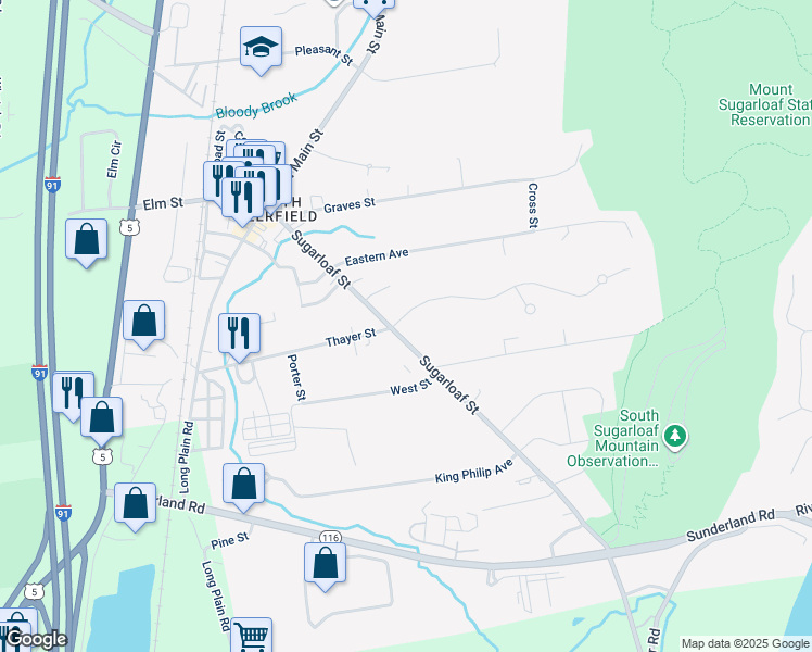 map of restaurants, bars, coffee shops, grocery stores, and more near 39 Sugarloaf Street in Deerfield