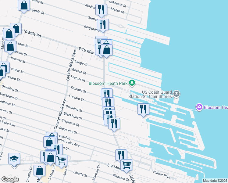 map of restaurants, bars, coffee shops, grocery stores, and more near 24700 Jefferson Avenue in St. Clair Shores