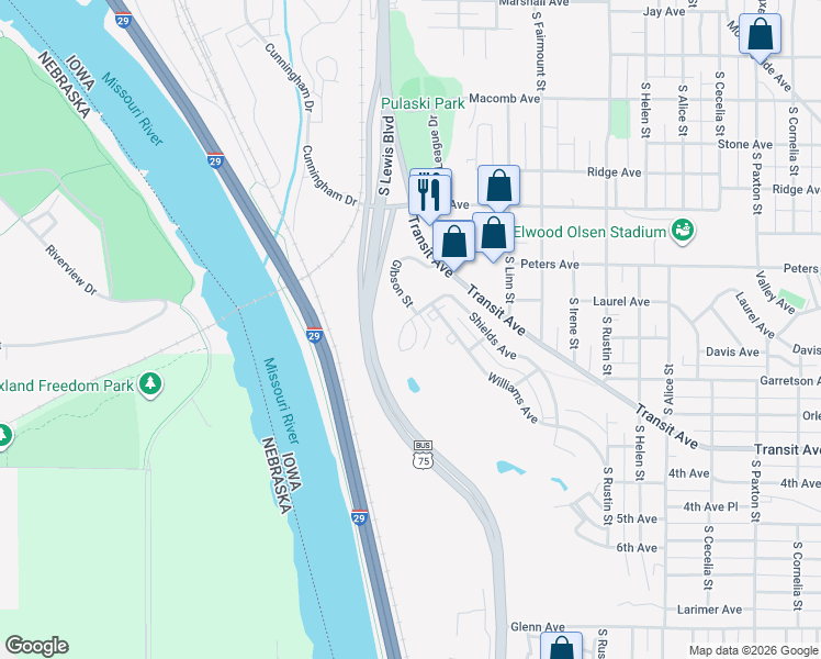 map of restaurants, bars, coffee shops, grocery stores, and more near 2201 Gibson Street in Sioux City
