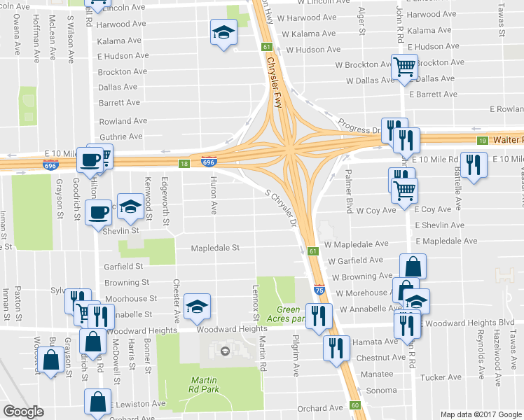 map of restaurants, bars, coffee shops, grocery stores, and more near 728 West Coy Avenue in Hazel Park