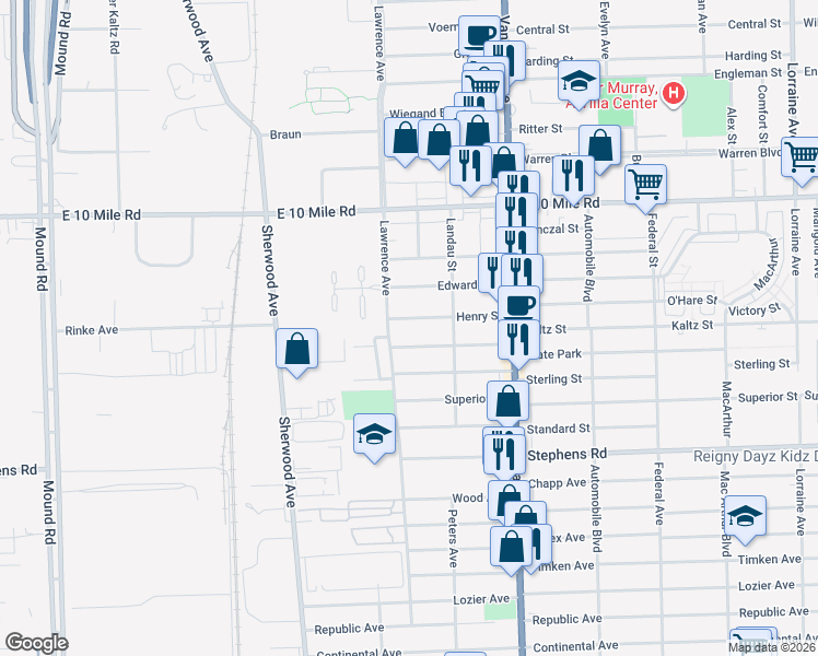 map of restaurants, bars, coffee shops, grocery stores, and more near 7246 Henry Street in Center Line
