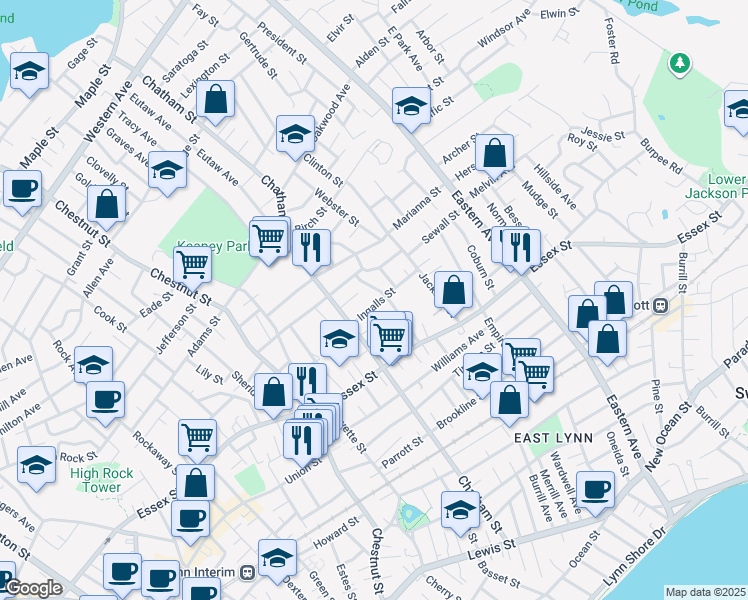 map of restaurants, bars, coffee shops, grocery stores, and more near 47 Ingalls Street in Lynn