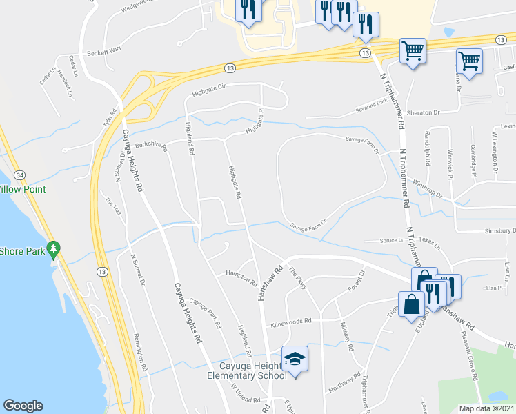 map of restaurants, bars, coffee shops, grocery stores, and more near 207 Highgate Road in Ithaca