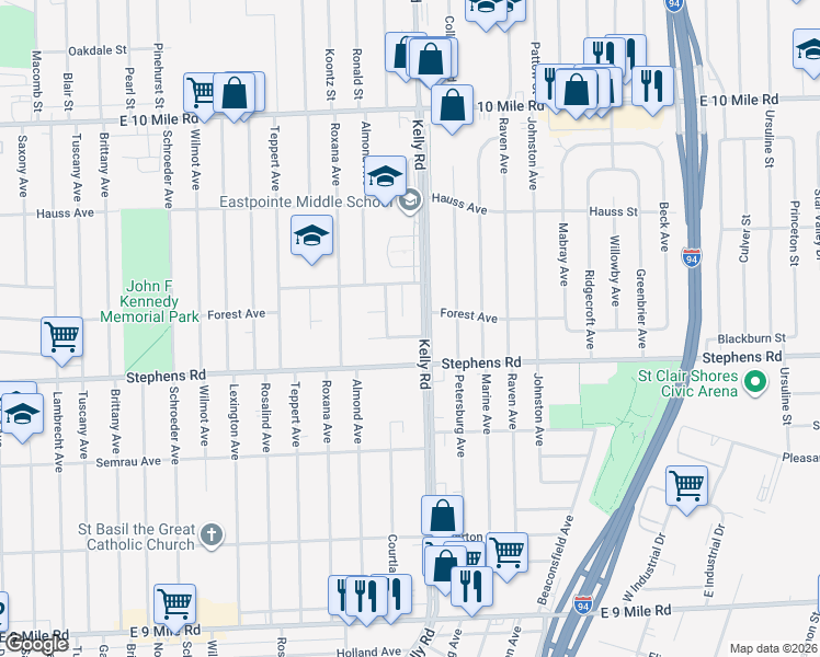 map of restaurants, bars, coffee shops, grocery stores, and more near 18575 Michael Avenue in Eastpointe