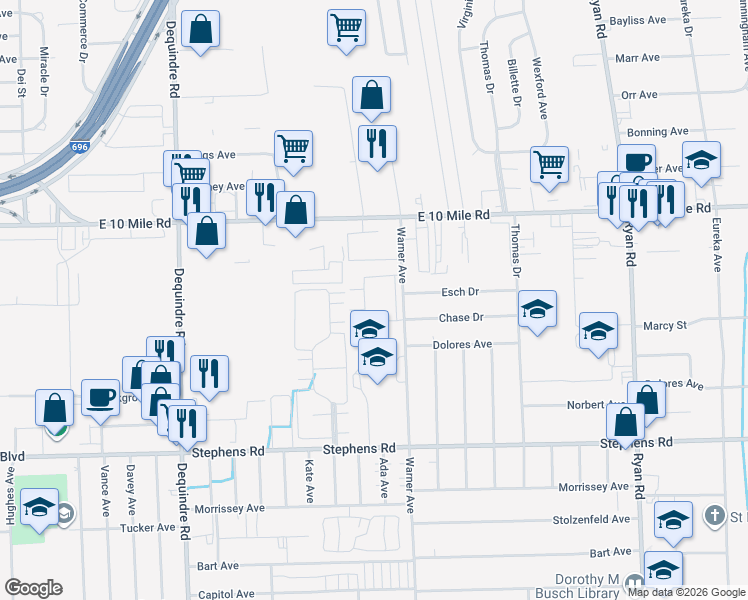 map of restaurants, bars, coffee shops, grocery stores, and more near 24661 West Seaton Circuit Street in Warren