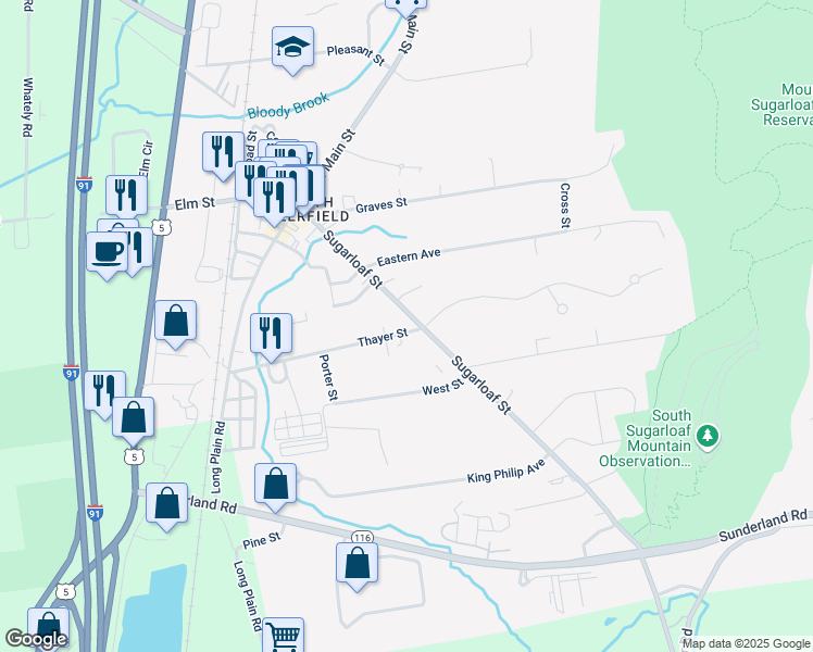 map of restaurants, bars, coffee shops, grocery stores, and more near 6 Thayer Street in Deerfield