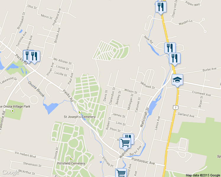 map of restaurants, bars, coffee shops, grocery stores, and more near 53 Clarendon St in Pittsfield