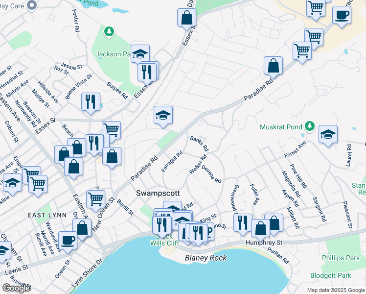 map of restaurants, bars, coffee shops, grocery stores, and more near 86 Farragut Road in Swampscott