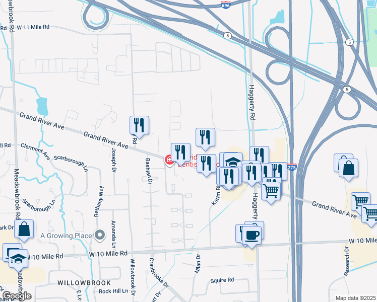 map of restaurants, bars, coffee shops, grocery stores, and more near 40000 Grand River Avenue in Novi