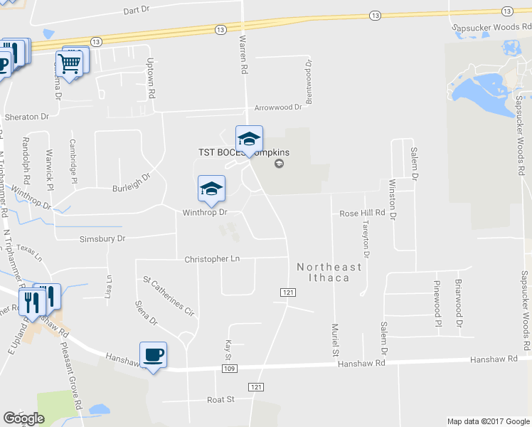 map of restaurants, bars, coffee shops, grocery stores, and more near 544 Warren Road in Ithaca