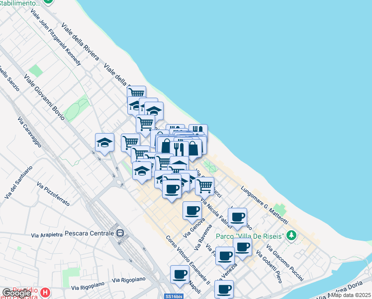 map of restaurants, bars, coffee shops, grocery stores, and more near 166 Via G. Mazzini in Pescara