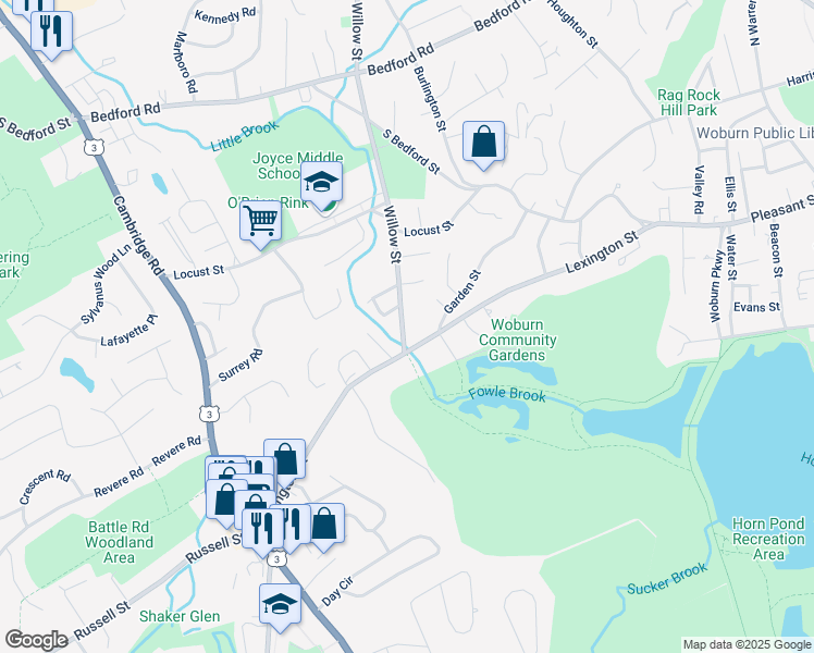 map of restaurants, bars, coffee shops, grocery stores, and more near 7 Willow Street in Woburn