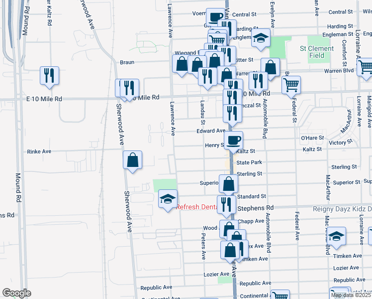 map of restaurants, bars, coffee shops, grocery stores, and more near 7246 Henry Street in Center Line