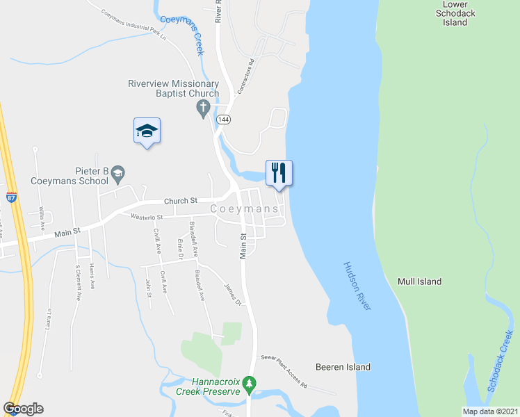 map of restaurants, bars, coffee shops, grocery stores, and more near 13 Fori Lane in Coeymans