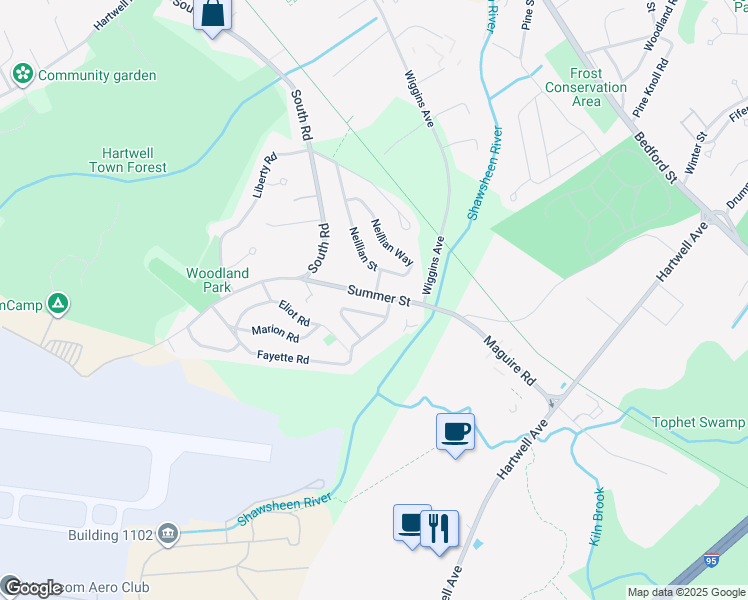 map of restaurants, bars, coffee shops, grocery stores, and more near 39 Summer Street in Bedford