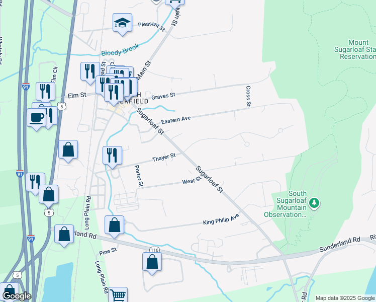 map of restaurants, bars, coffee shops, grocery stores, and more near 39 Sugarloaf Street in Deerfield