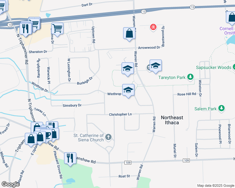map of restaurants, bars, coffee shops, grocery stores, and more near 425 Winthrop Drive in Ithaca