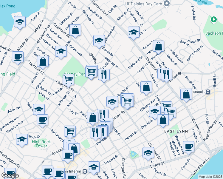 map of restaurants, bars, coffee shops, grocery stores, and more near 243 Chatham Street in Lynn
